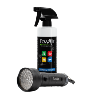 PowAir Pet Pack containing a PowAir Urine & Odour Spray and PowAir UV Urine Detector Torch