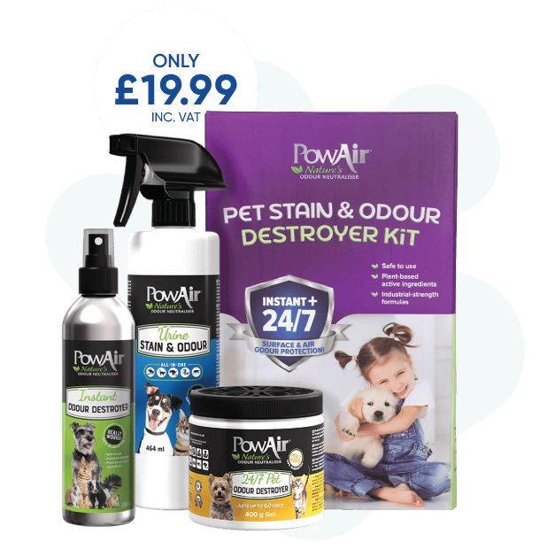 PowAir Pet Stain & Odour Destroyer Kit containing a Urine Stain & Odour Spray, 24,7 Pet Odour Destroyer Gel and an Instant Odour Destroyer Spray