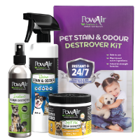 PowAir Pet Stain & Odour Destroyer Kit containing 1x PowAir Pet Urine Stain & Odour Removal Spray, 1x PowAir 24/7 Pet Odour Destroyer Gel and 1x PowAir Instant Pet Odour Destroyer Spray